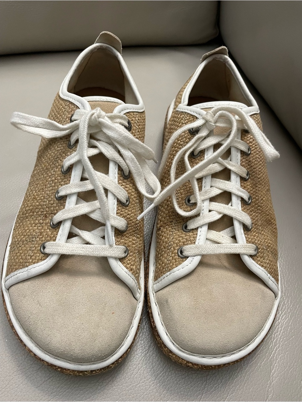 Birkenstock Beige and White Straw-Style Low-Top Sneakers Sz.38